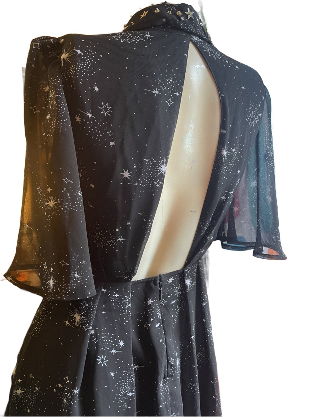 Topshop Black ✨ Celestial Star-Print bell Sleeve Fit & Flare Dress - Picture 7 of 11